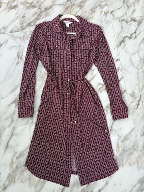Liz Claiborne Burgundy Geometric Print Shirt Dress Tie Waist Size S Retro 70s
